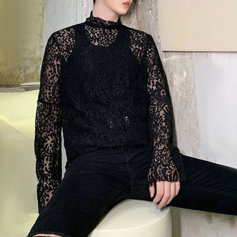 Comprar black Mens Sexy Nightclub Lace See-through Turtleneck Long-sleeved Top