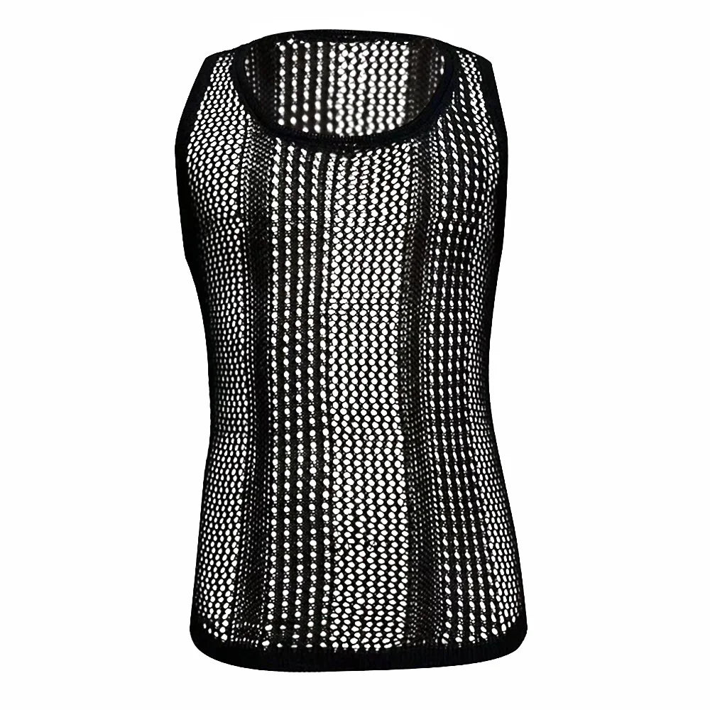 Comprar black Mens Genderless Solid Color Hollow Out Knitted Tank Top