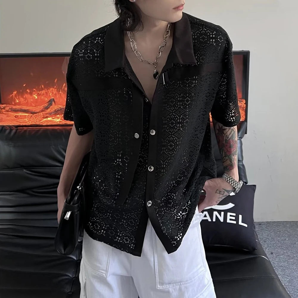 Comprar black Mens Asexual Sexy Nightclub Perspective Lace Short-sleeved Shirt