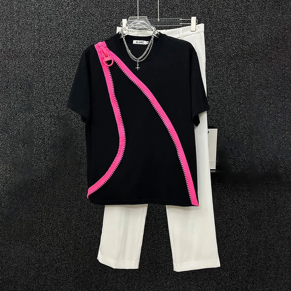 Mens T-Shirt Y2k Contrast Color Zipper Short-Sleeved T-Shirt Summer Streetwear Casual Personality All-Match Tops Men'S Clothing