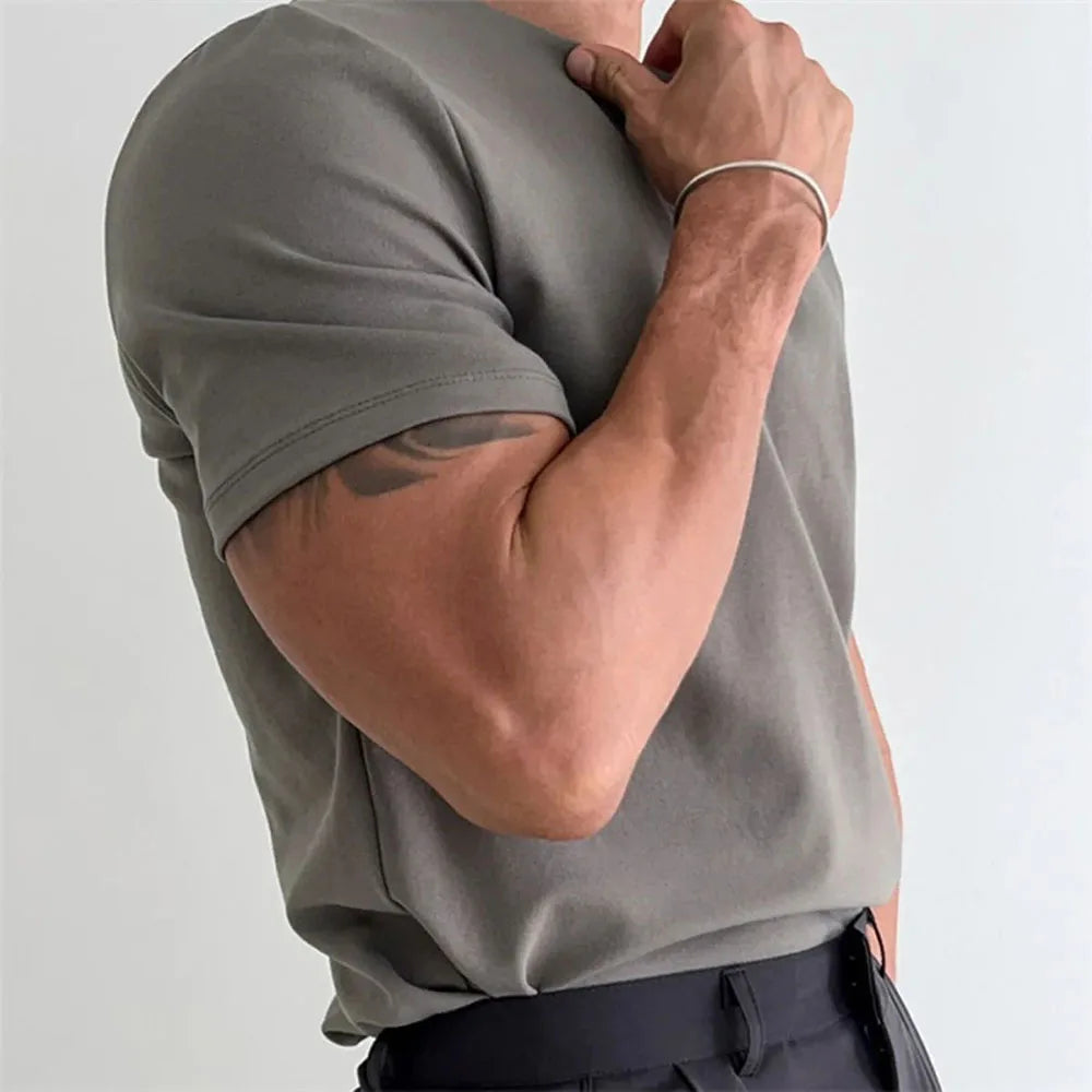 Comprar grey Mens Genderless Casual Solid Color Henry Collar T-shirt