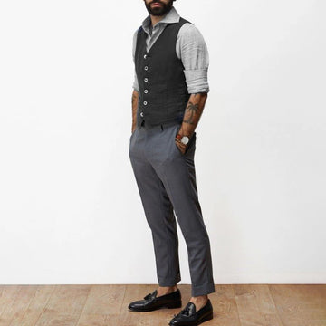 Buy black Navy Blue Cotton Linen Vests for Men V-neck Waistcoat Boutique Jacket Casual Vest Groosmen Male Groom Wear Clothing Man