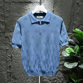 Buy blue Mens T-Shirt Summer Polo Shirt Ice Silk Daily Solid Grid Veins Classic Retro Short Sleeve Slim Fit Men&#39;s Trendy Tops New 2024