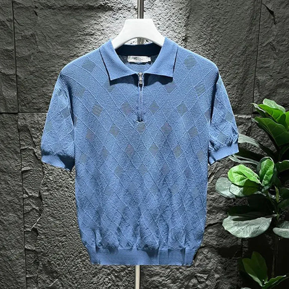 Mens T-Shirt Summer Polo Shirt Ice Silk Daily Solid Grid Veins Classic Retro Short Sleeve Slim Fit Men's Trendy Tops New 2024