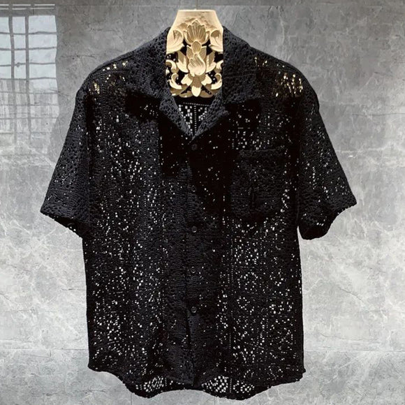 Chemise sexy vintage à manches courtes en dentelle ajourée pour homme