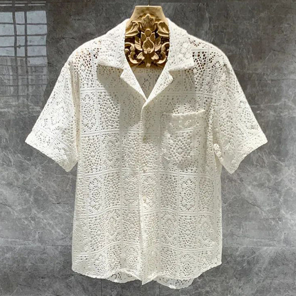 Chemise sexy vintage à manches courtes en dentelle ajourée pour homme