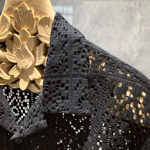 Chemise sexy vintage à manches courtes en dentelle ajourée pour homme