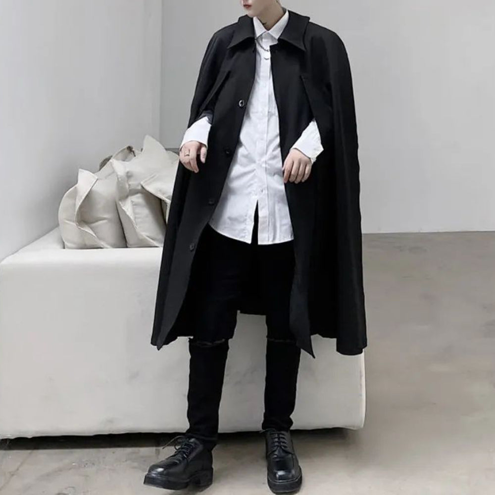 Mens Dark Style Mid-Length Cape Coat Unisex Autumn