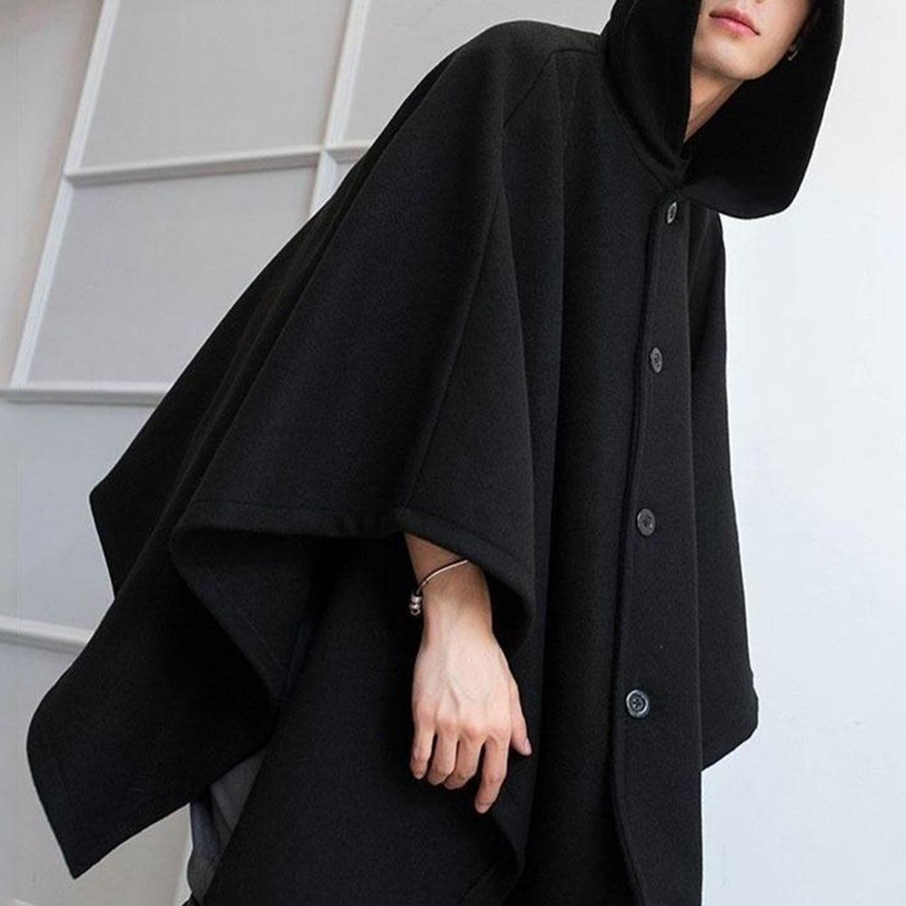 Mens Dark Style Mid-Length Casual Hooded Cape Autumn Unisex