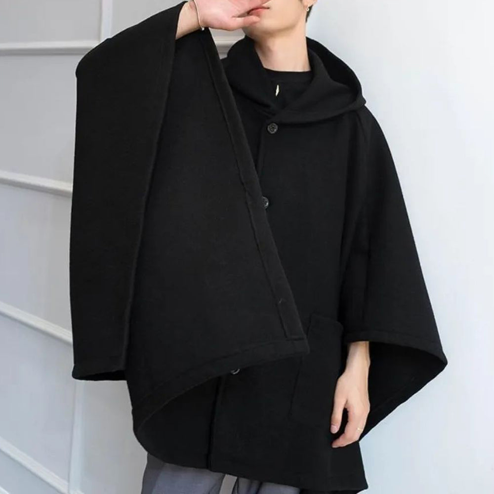 Mens Dark Style Mid-Length Casual Hooded Cape Autumn Unisex