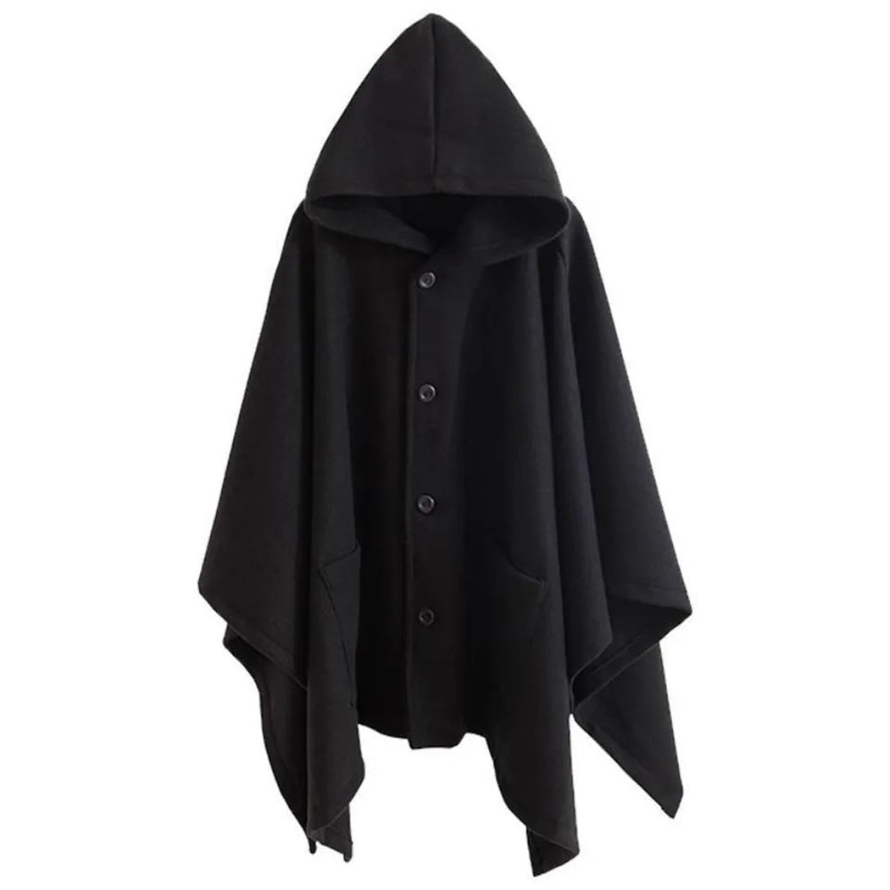 Mens Dark Style Mid-Length Casual Hooded Cape Autumn Unisex