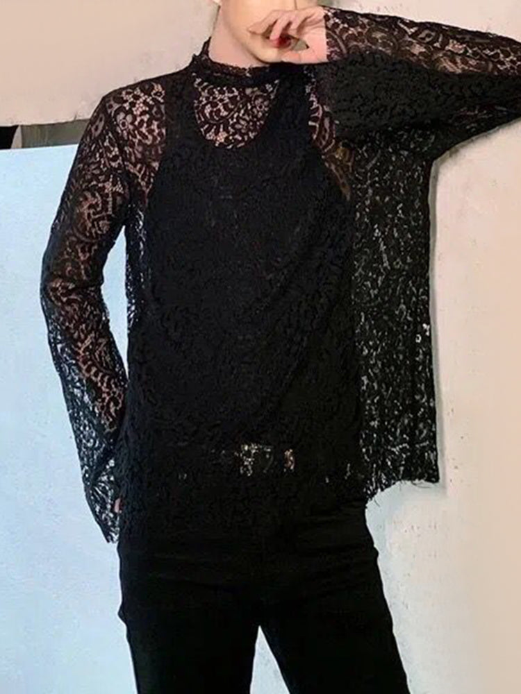 Mens Sexy Nightclub Lace See-through Turtleneck Long-sleeved Top