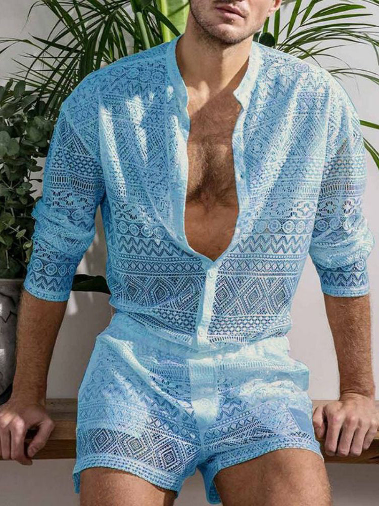 Comprar blue Mens Lace Shorts Shirt Two-Piece Set