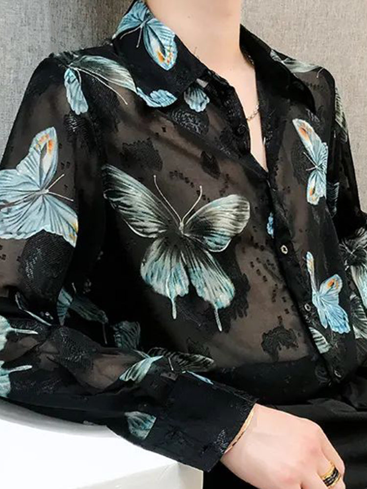 Mens Hollow Sexy Butterfly Mesh See-Through Shirt