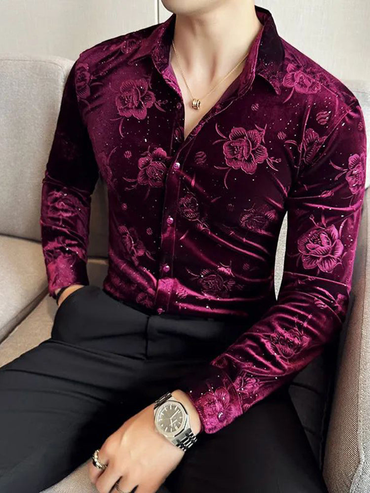 Comprar purple-red Mens Gold Velvet Floral Casual Shirt