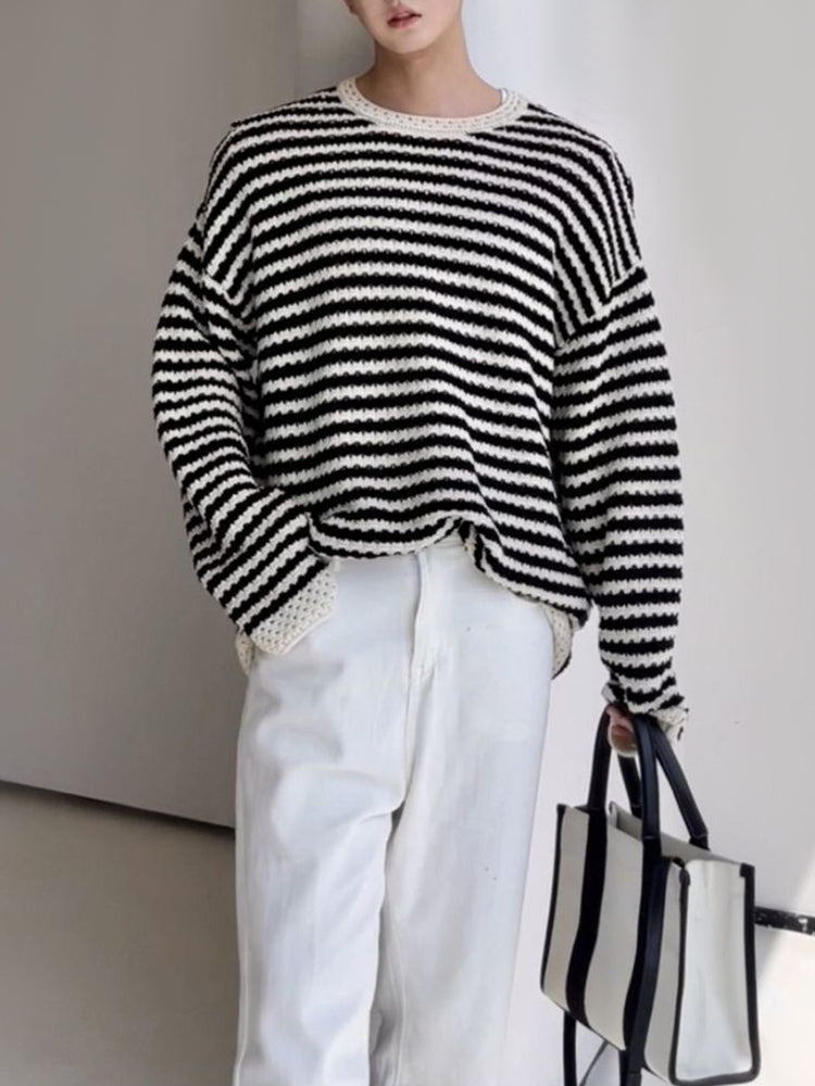 Mens unisex hollowed Out striped knitted Cardigan