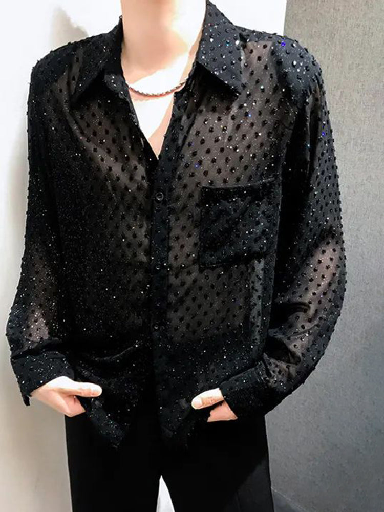 Mens Sexy Mesh See-through Long Sleeved Shirt