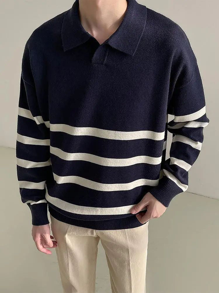 Mens Contrast Striped Lapel Sweater