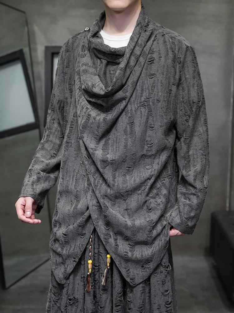 Mens Chinese Style Distressed Hole Long-Sleeved Cloak