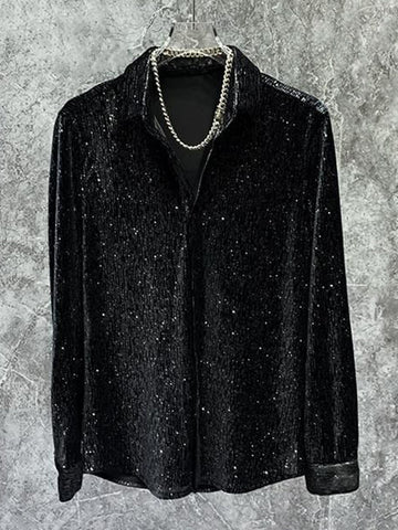 Buy black Men Gold Velvet Shiny Long-Sleeve Casual Shirt