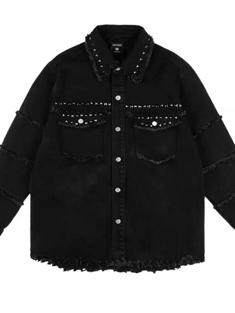 Comprar black Mens Rivet Distressed Casual Denim Jacket