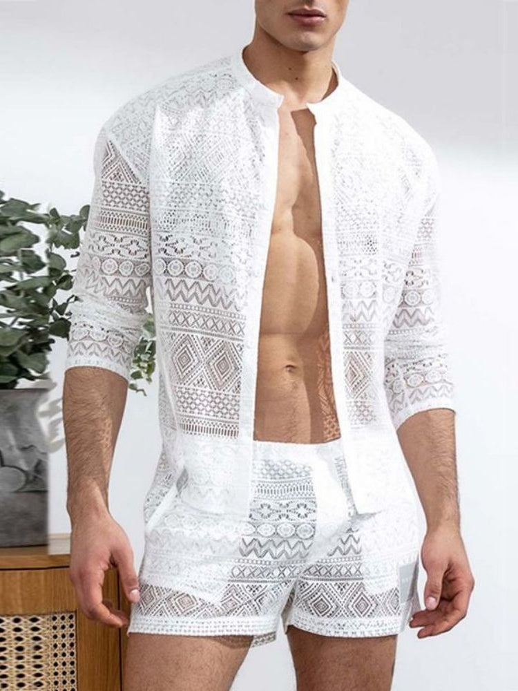 Mens Lace Shorts Shirt Two-Piece Set