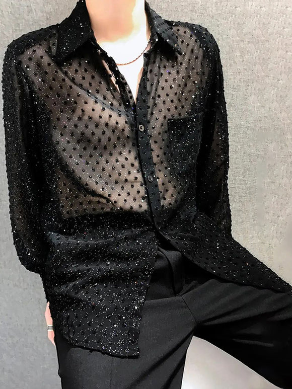 Mens Sexy Mesh See-through Long Sleeved Shirt