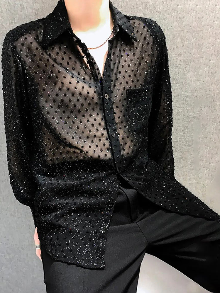 Mens Sexy Mesh See-through Long Sleeved Shirt