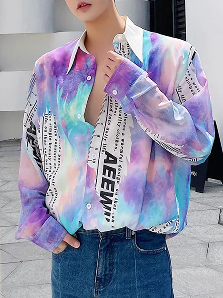 Mens Y2k Tie-Dye Printed Long-Sleeve Shirt