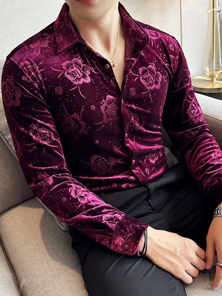 Mens Gold Velvet Floral Casual Shirt