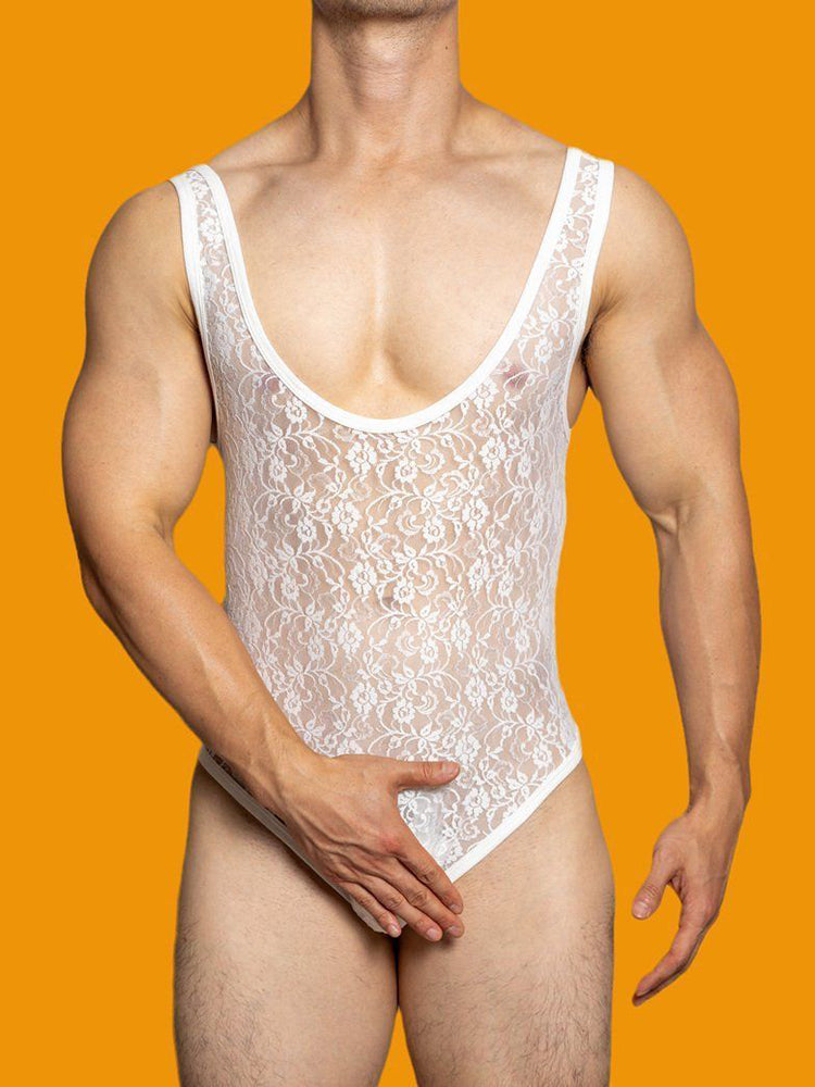 Mens Body Sexy Tight Lace See-Through Triangle Jumpsuit