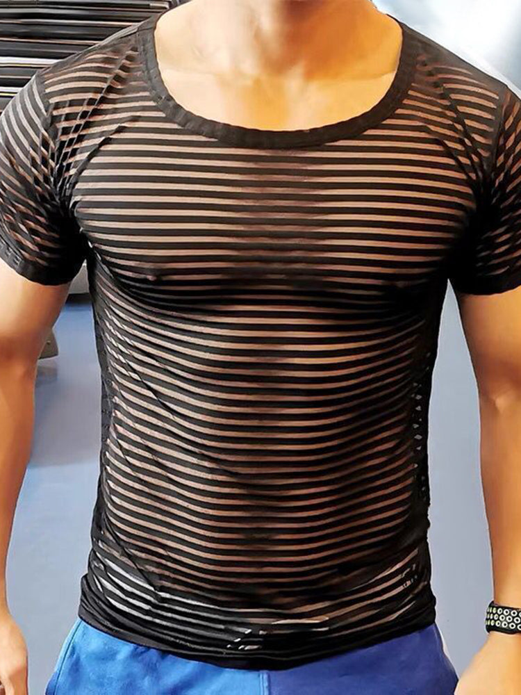 Mens  Sexy Nightclub Gauze  Perspective Striped T-shirt