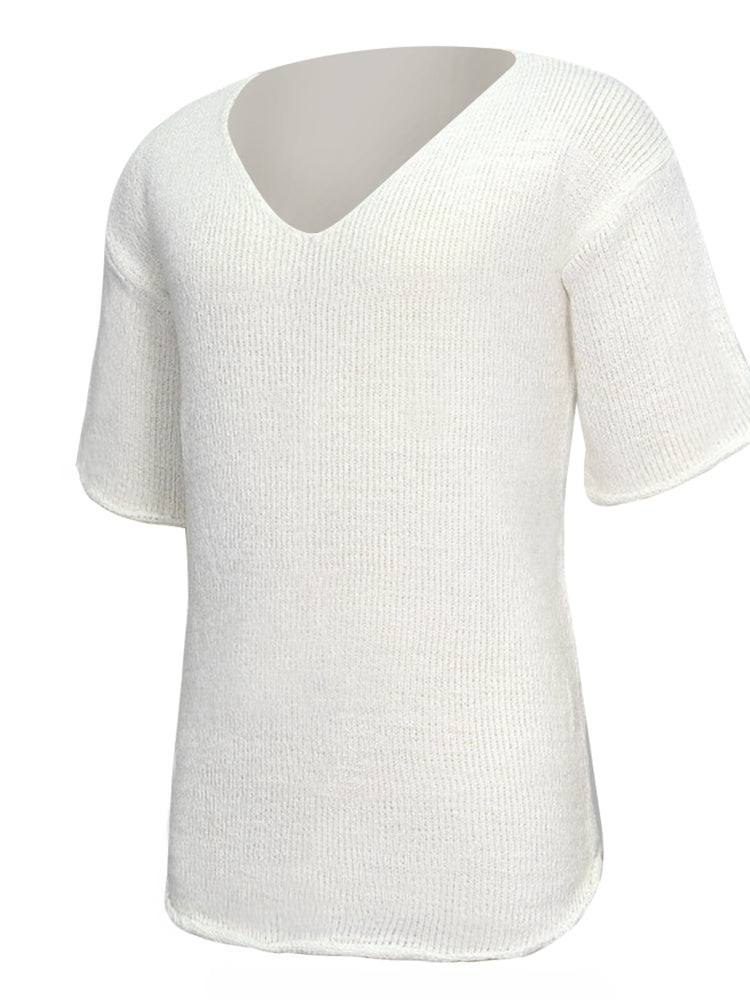 Mens Unisex Solid Vacation Knitted Short Sleeved Top