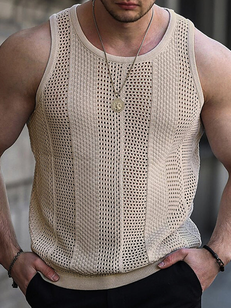 Mens Genderless Solid Color Hollow Out Knitted Tank Top