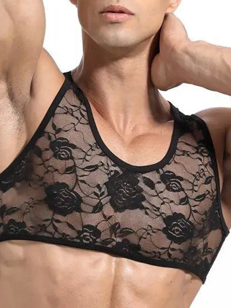 Mens Lace Lingerie Sheer Vest