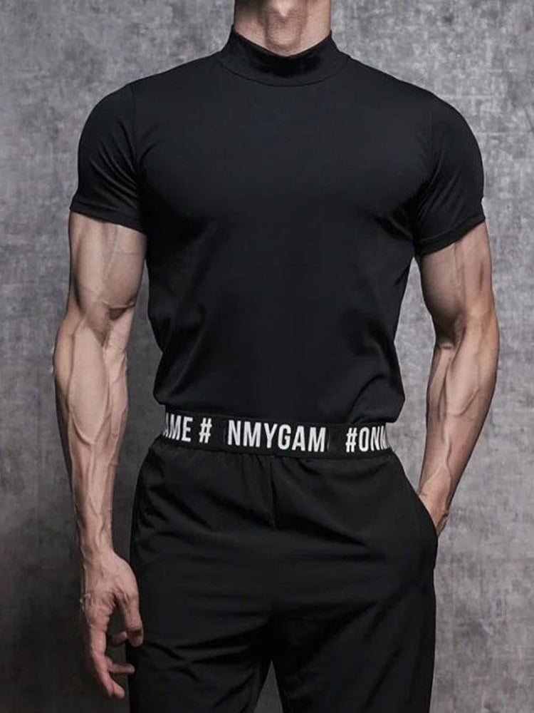 Mens Asexual Casual Solid Tight High Neck T-shirt