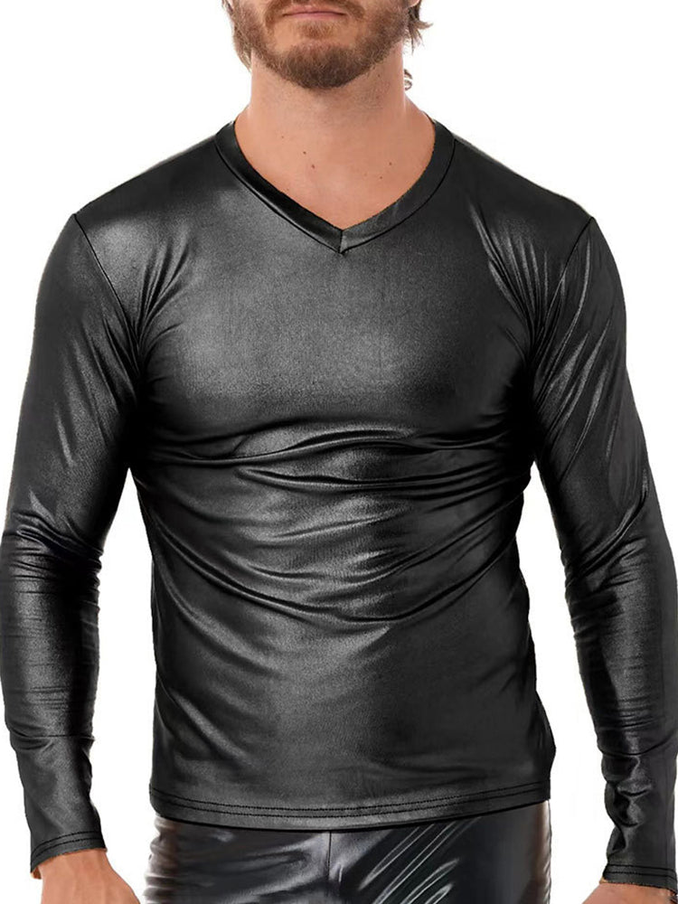 Mens Stretch Slim Fit PU Leather T-Shirt