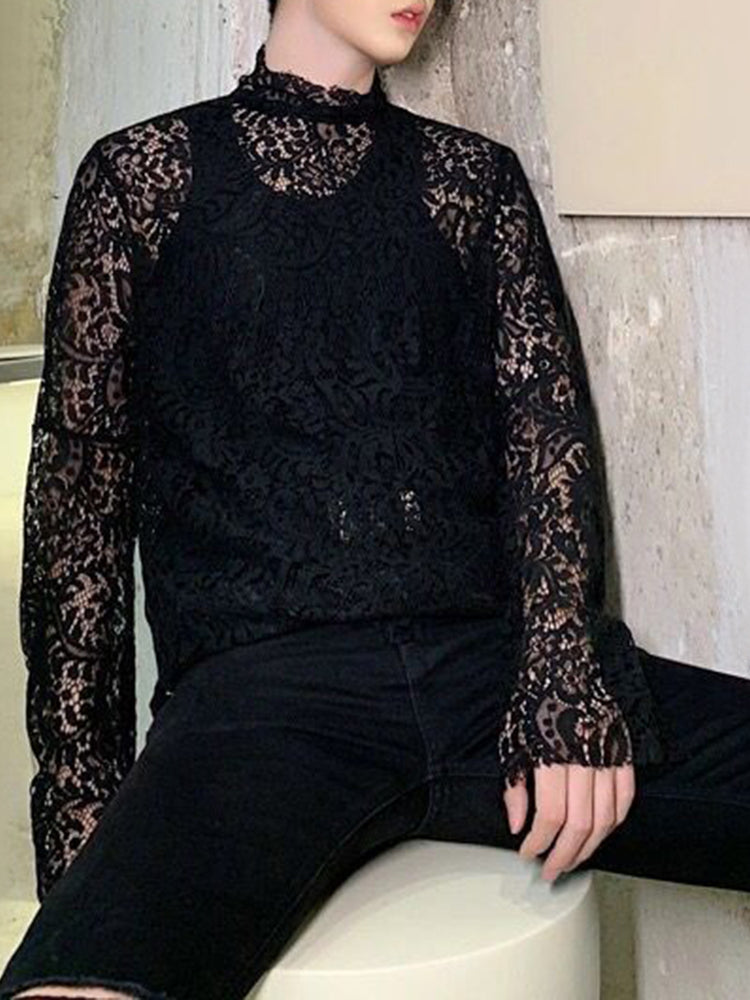 Mens Sexy Nightclub Lace See-through Turtleneck Long-sleeved Top