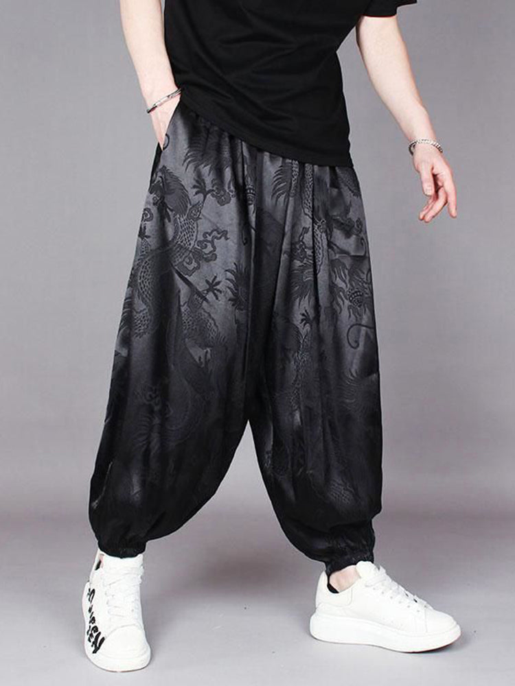 Mens Chinese Dragon Pattern Satin Casual Pants