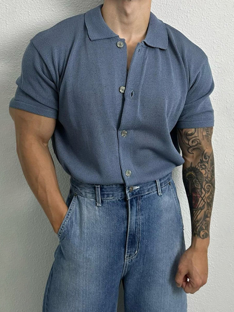 Comprar blue Mens Basic Simple Casual Short-Sleeve Knitted Shirt