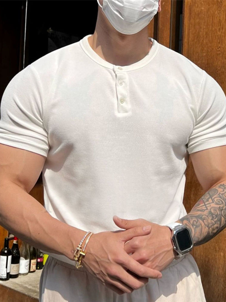 Mens Genderless Casual Solid Color Henry Collar T-shirt