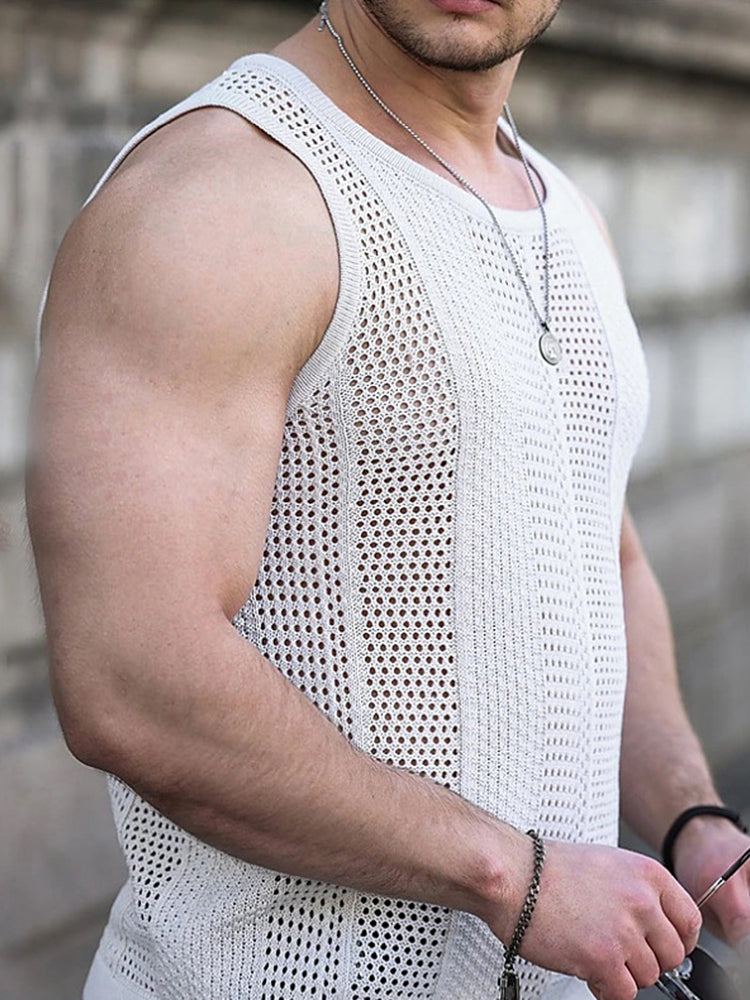 Mens Genderless Solid Color Hollow Out Knitted Tank Top