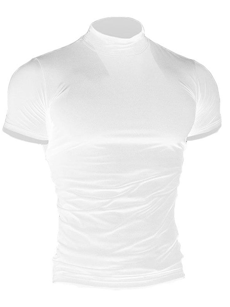 Mens Asexual Casual Solid Tight High Neck T-shirt