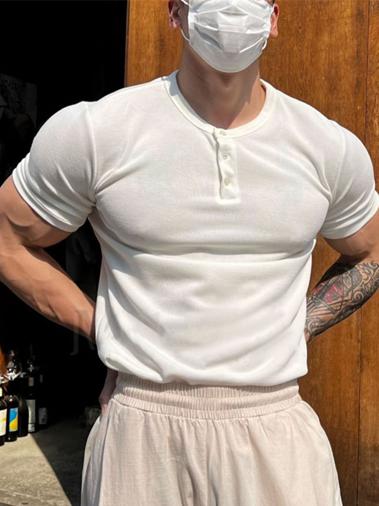 Mens Genderless Casual Solid Color Henry Collar T-shirt