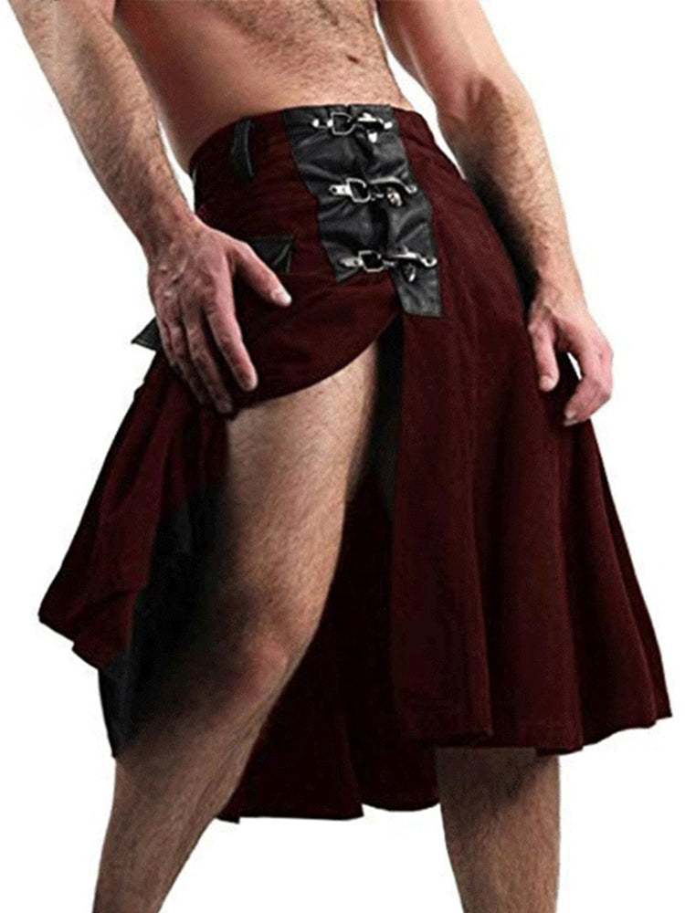 Buy claret Mens Sexy Slit Punk Metal Buckle Kilt