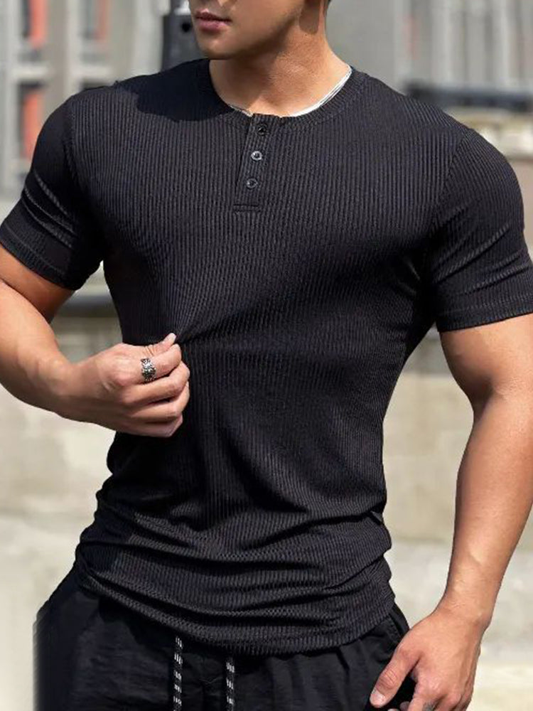 Men Sexy Tight Sports Casual Henley Neck T-Shirt