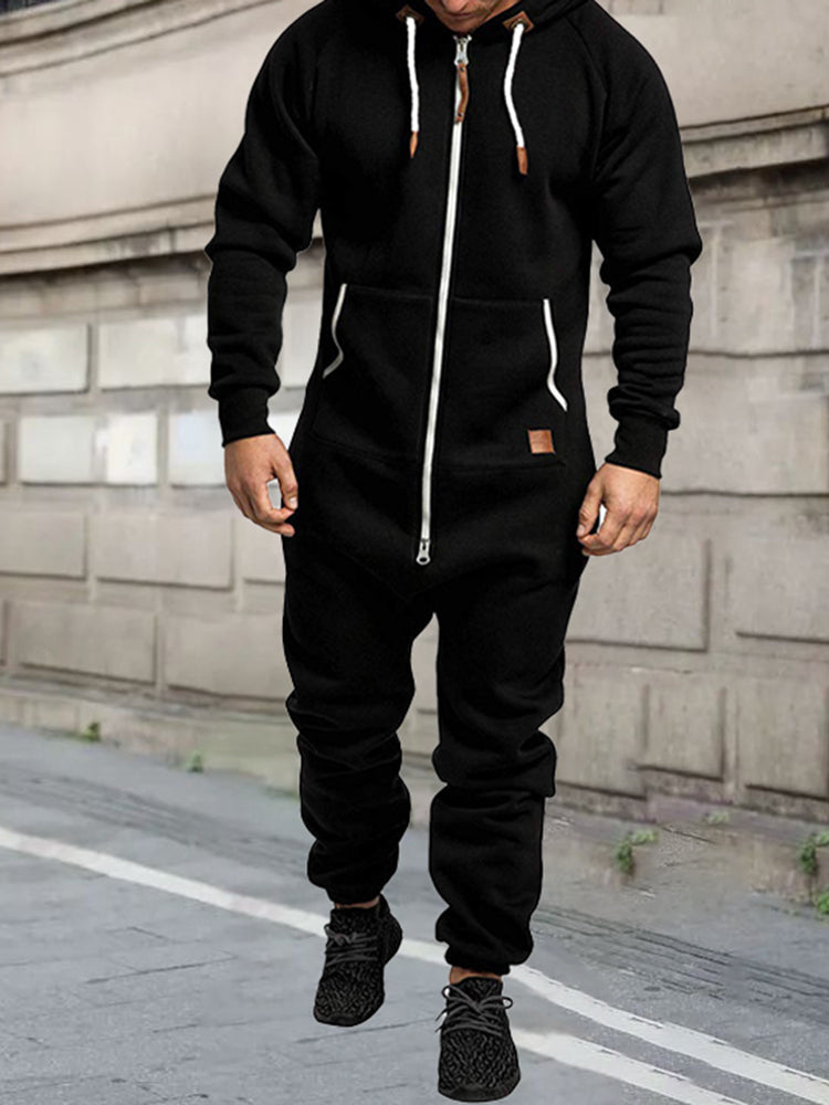 Mens Velvet Thickened Casual Hooded Jumpsuit