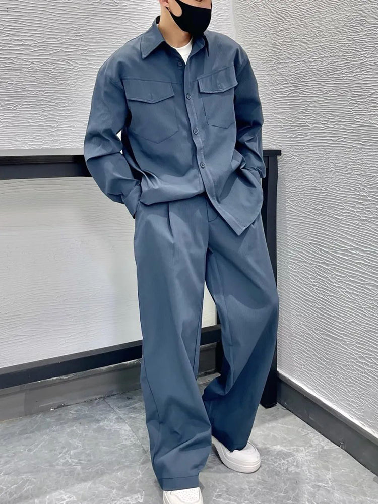 Mens Casual Long-Sleeved Shirt Straight Pants Suit