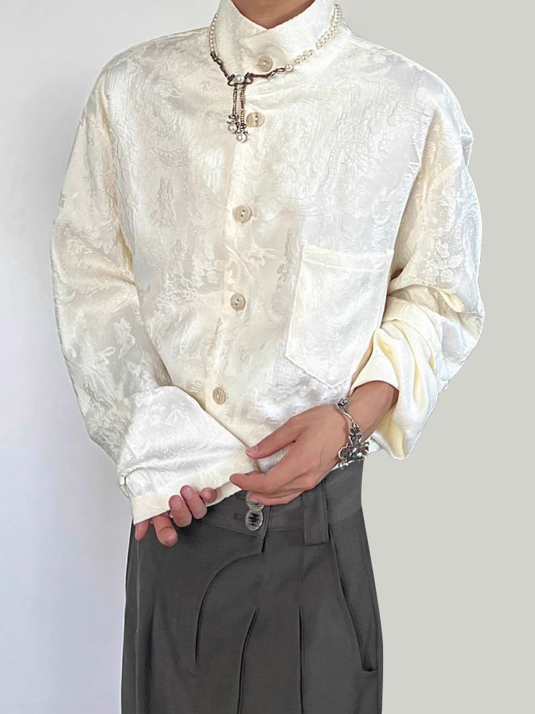 Mens Chinese Jacquard Satin Turtleneck Shirt