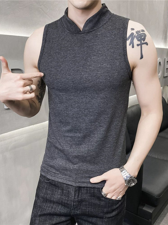 Mens Sleeveless Fake Collar Elastic Vest